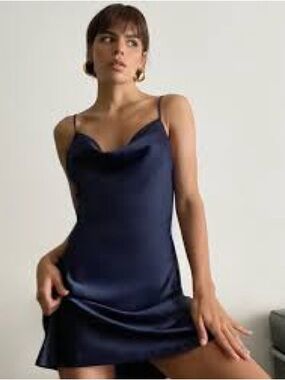 Urban Outfitters Mallory Blue Satin Cowl Neck Slip Mini Dress
